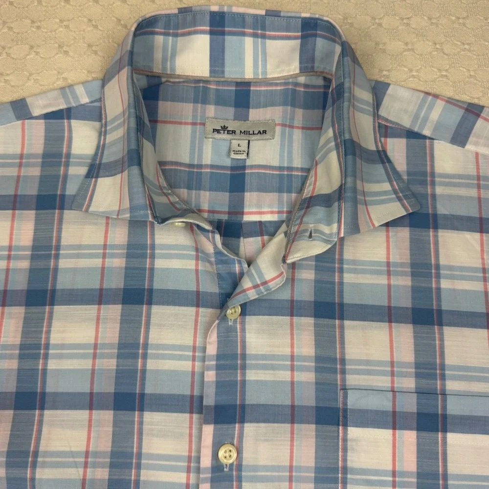 Peter Millar Button Up Plaid Shirt Mens L Blue Long Sleeve Stretch Preppy Office